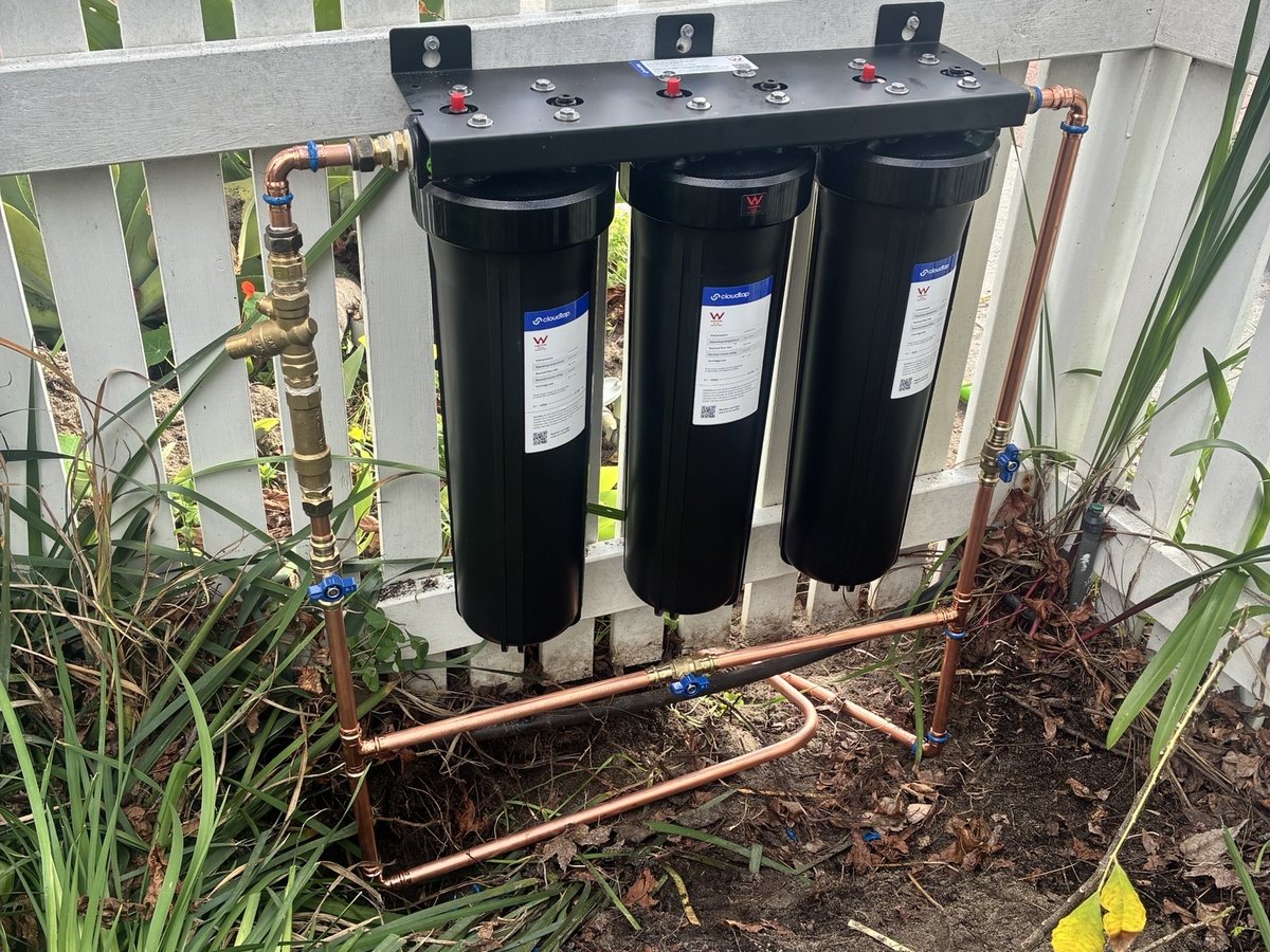 Three-stage whole house water filter fitted at the boundary, Daglish Perth