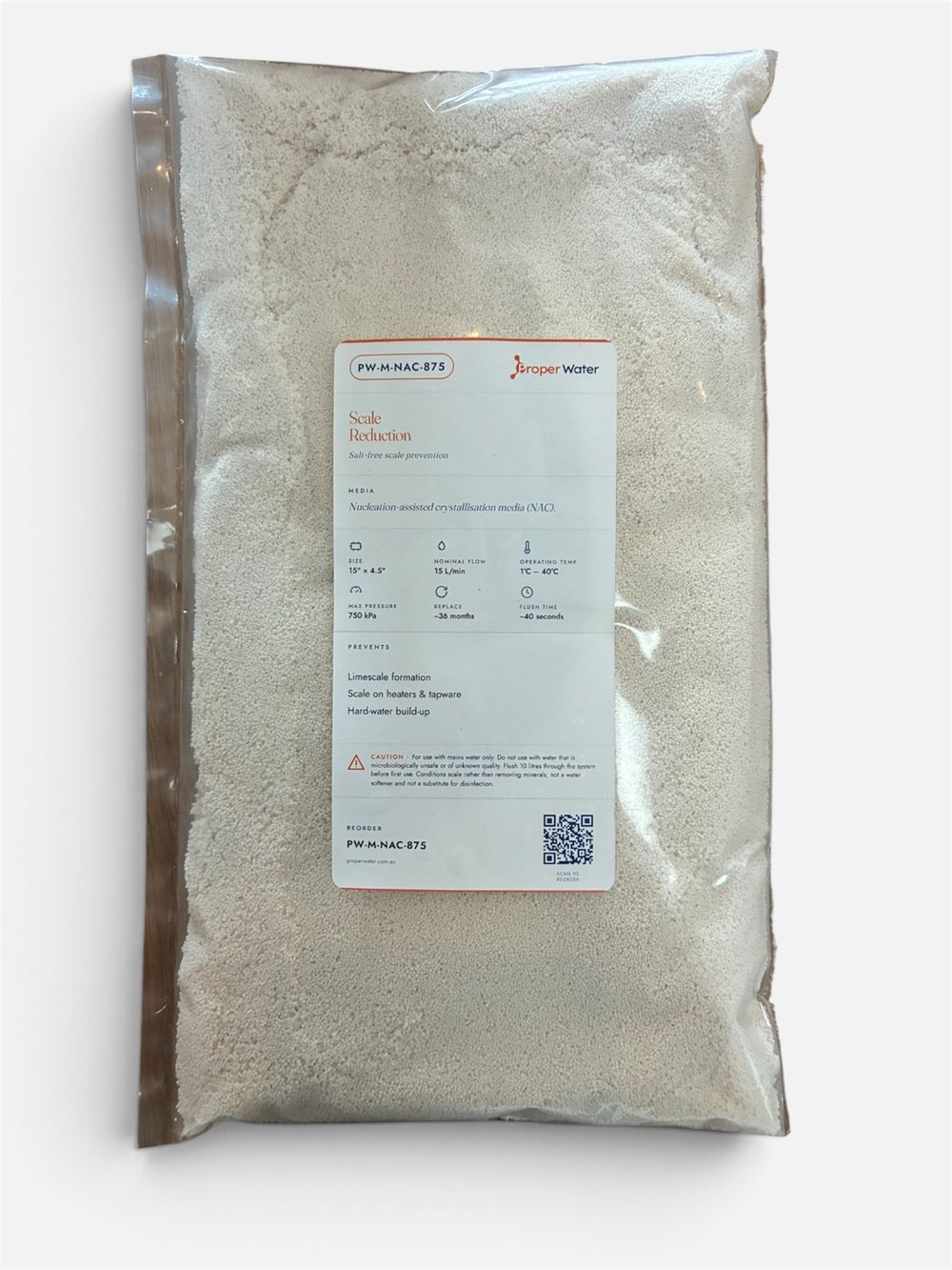 ProperWater NAC scale-prevention media refill, 15-inch by 4.5-inch, in its sealed bag with the product label showing